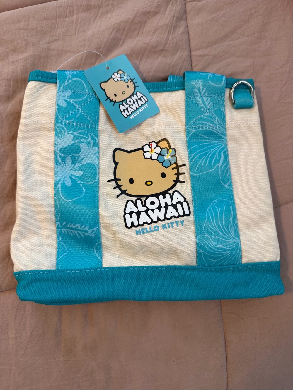 ABC Store exclusive Hello Kitty Aloha Hawaii Canvas Tote in Teal & Cream